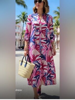 Vibrant Pink & Blue Tropical Print Midi Dress
